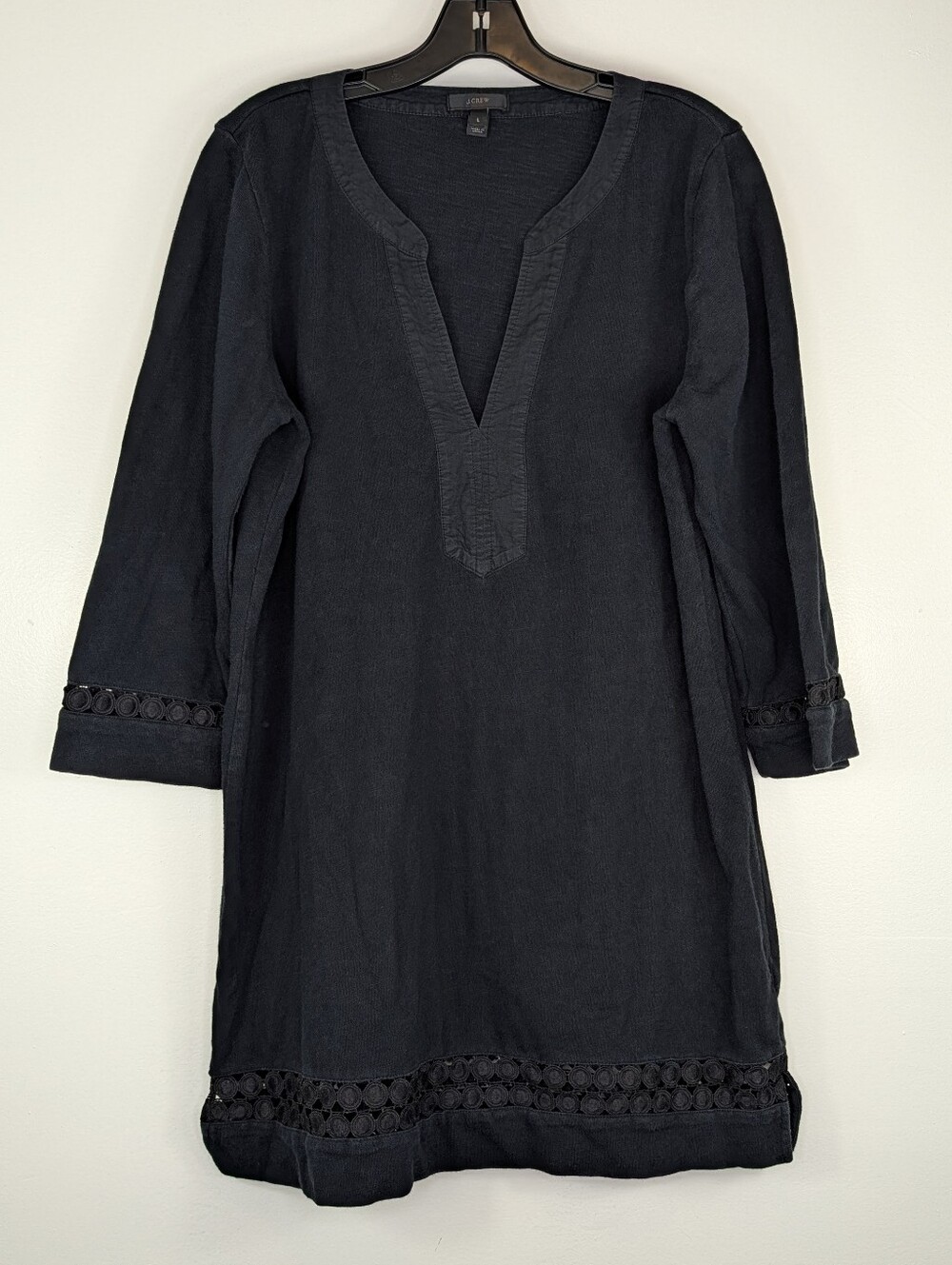 J. Crew Cotton Tunic Shift Dress Sz Large Crochet Trim V-Neck 3/4 Sleeve Black